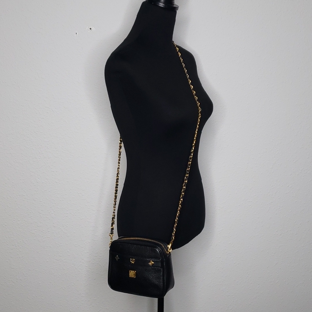 Vintage MCM Black Leather Gold Chain Mini Crossbody Bag Made in Germany Classic - Picture 3 of 17
